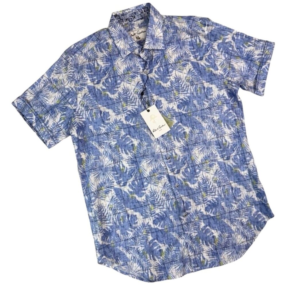 Robert Graham Spencer Floral Tropical Leaf Blue White S/S Shirt Men's S NEW - Picture 2 of 10